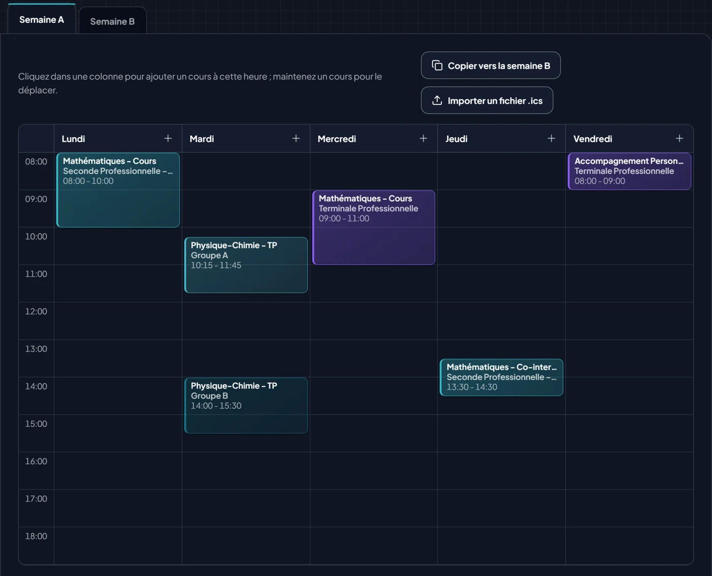 Le planning hebdomadaire dans l’interface ProfZen